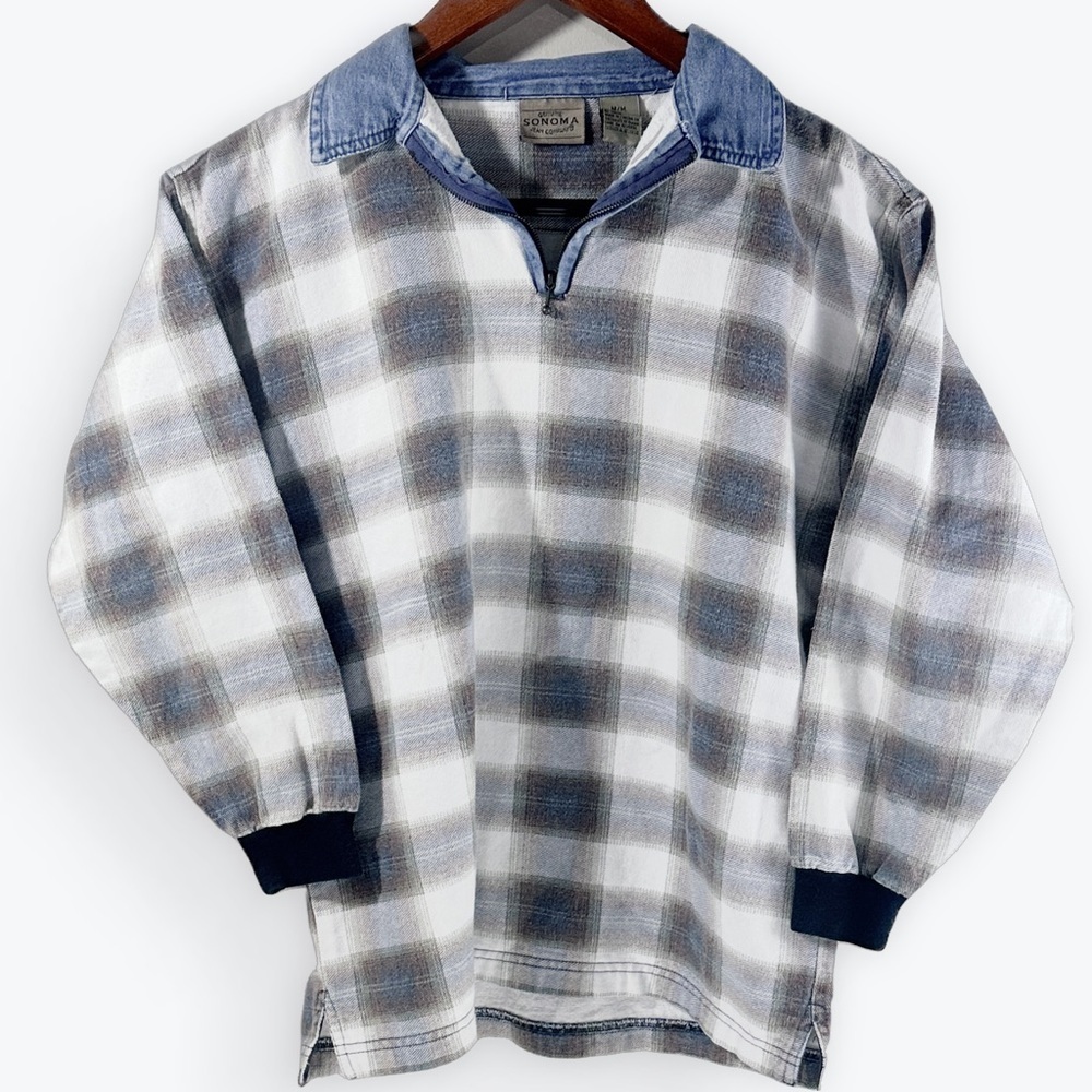 Sonoma Blue and White Plaid Shirt with Denim Collar size Medium
